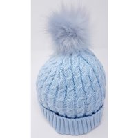 KIDS6216SKY: Baby Cable Knit Fur Pom Hat- Sky (0-6 Months)